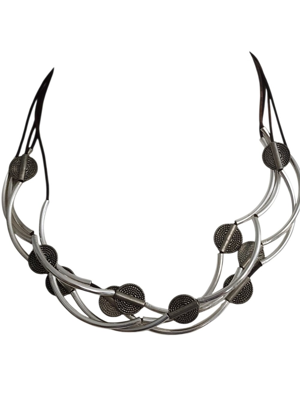 Lizzy James Silver Brown Leather Multi Strand Disc Necklace Bracelet